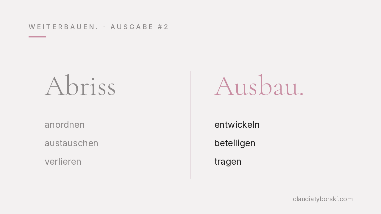 Newslettergrafik Ausgabe 2: „Abriss“ mit den Begriffen anordnen, austauschen, verlieren gegenüber „Ausbau.“ mit den Begriffen entwickeln, beteiligen, tragen